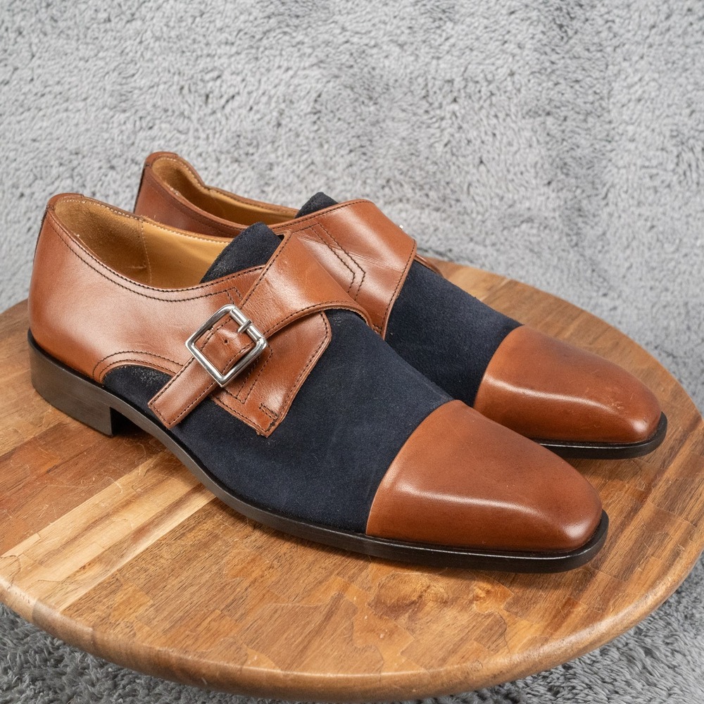 Paul Fredrick Monk Strap Navy Suede Cognac Leather Dress Shoe Size 8.5